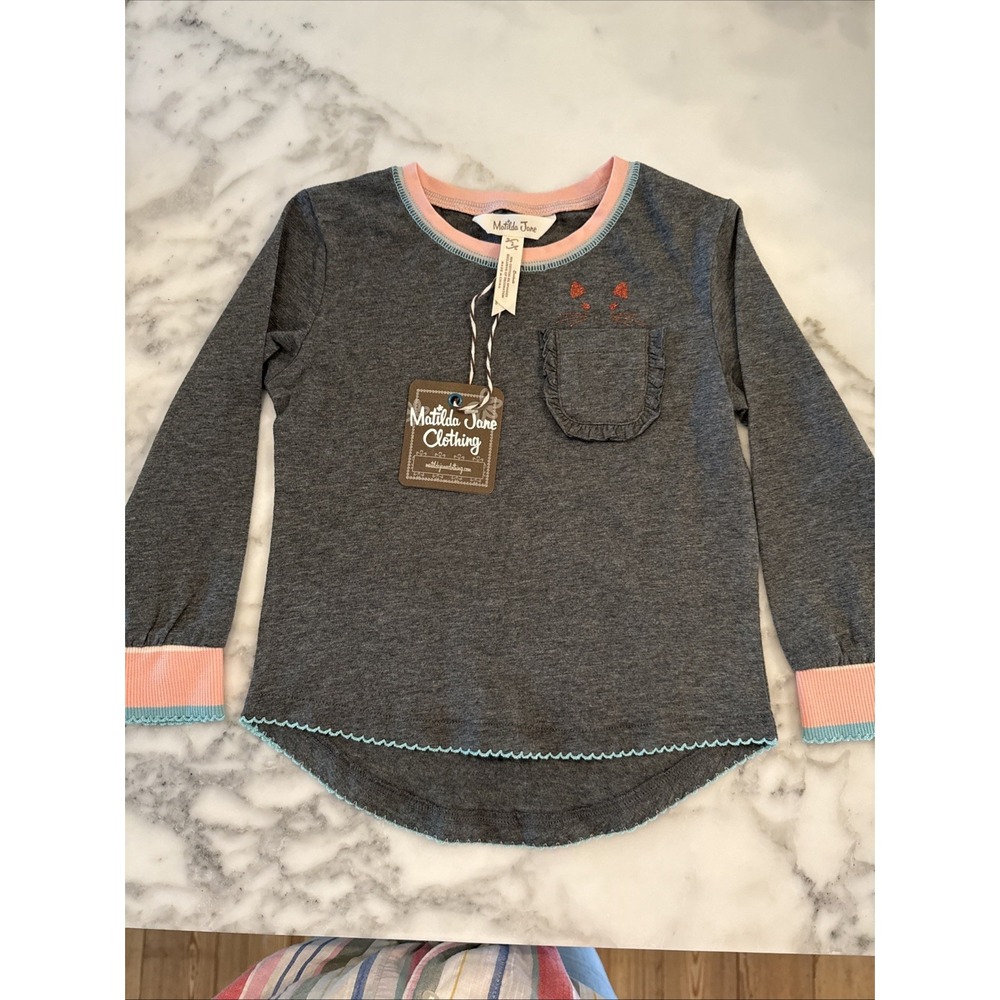 NWT Matilda Jane Grey Pink Turquoise Long Sleeve Pocket Cat Top Girl's Size 2